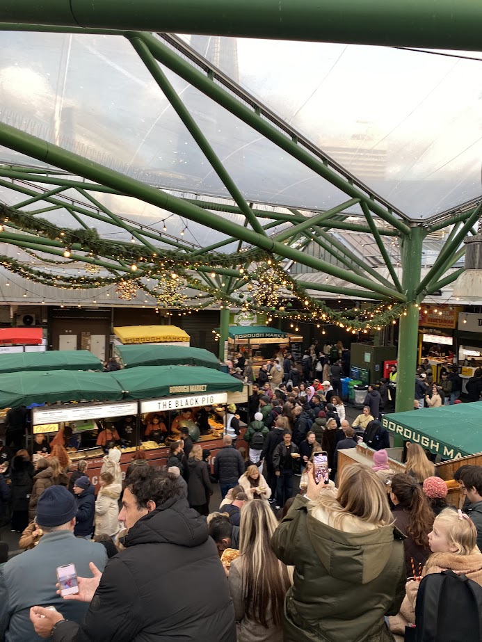 Borough Market Seating with lights and Black Pig food stall